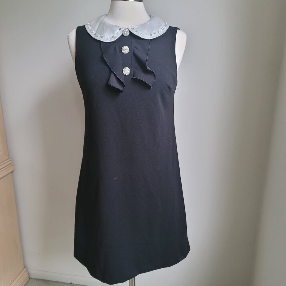 Betsey Johnson Black Peter Pan Collar Rhinestones Faux Pearls Shift Dress Size 6